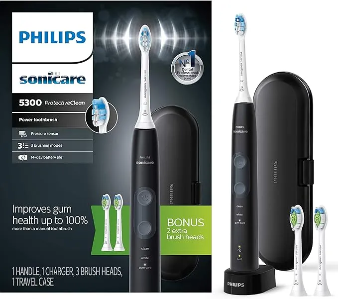 Philips Sonicare ProtectiveClean 5300 Rechargeable Electric Toothbrush, with Pressure Sensor, 3 Cleaning Modes, SmarTimer and QuadPacer, with 2 Bonus Brush Heads, Travel Case, Black, Model HX6423/34