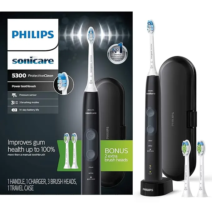 Philips Sonicare ProtectiveClean 5300 Rechargeable Electric Toothbrush, with Pressure Sensor, 3 Cleaning Modes, SmarTimer and QuadPacer, with 2 Bonus Brush Heads, Travel Case, Black, Model HX6423/34