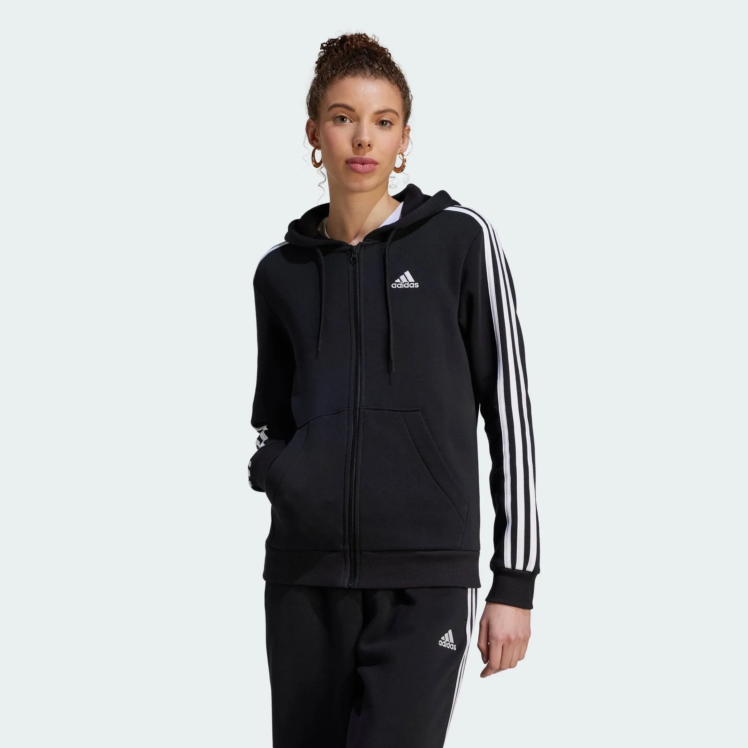 Women's Adidas Essentials 3-Stripes Full-Zip Fleece Hoodie, Size: XS, Black White